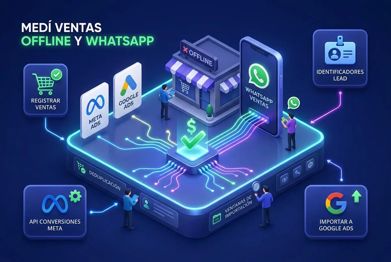 Ilustración: Cómo medir ventas offline y por WhatsApp en Meta Ads y Google Ads