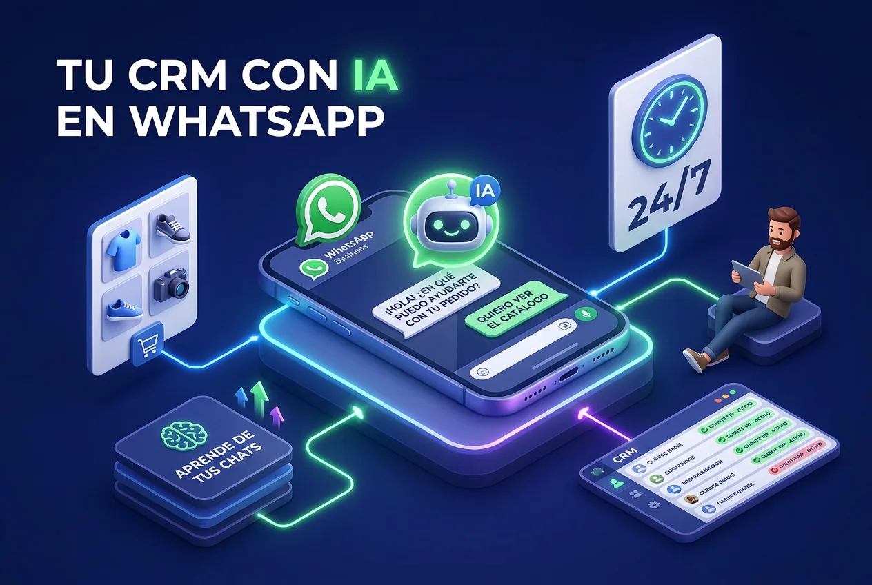 Agente de IA de WhatsApp Business respondiendo clientes 24/7 conectado al catálogo y al CRM